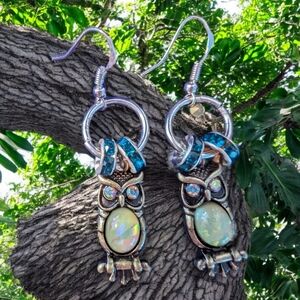 Elegant Owl Earrings with Opal and Blue Accents